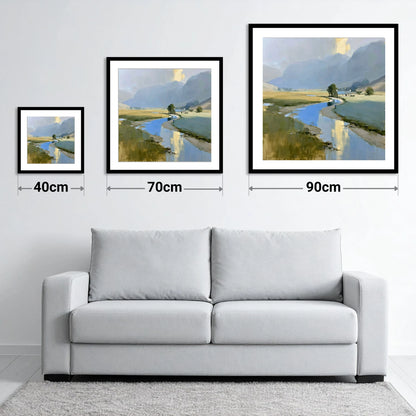Golden Mist Over the Valley River - size guide showing 40cm, 70cm and 90cm art prints