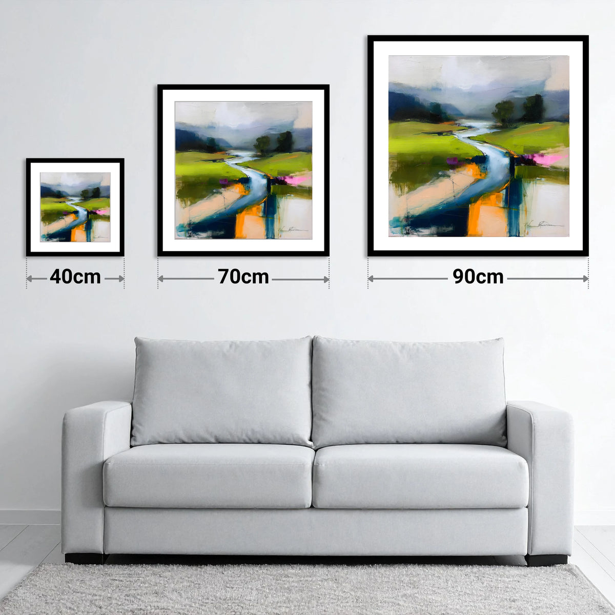 Vibrant Winding River and Valley - size guide showing 40cm, 70cm and 90cm art prints