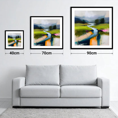 Vibrant Winding River and Valley - size guide showing 40cm, 70cm and 90cm art prints