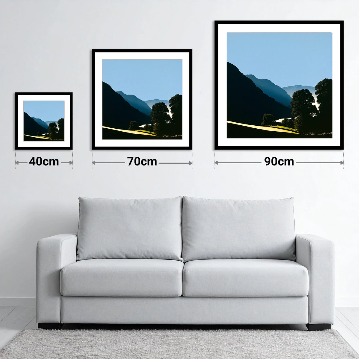 Valley Mist at First Light - size guide showing 40cm, 70cm and 90cm art prints