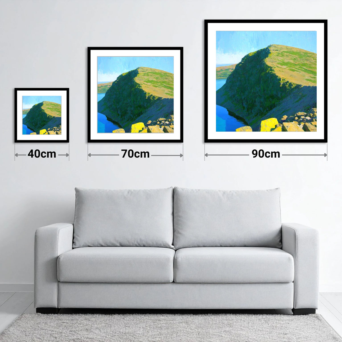 Old Man of Coniston Sunlit Ridge - size guide showing 40cm, 70cm and 90cm art prints