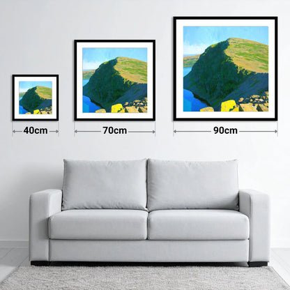 Old Man of Coniston Sunlit Ridge - size guide showing 40cm, 70cm and 90cm art prints