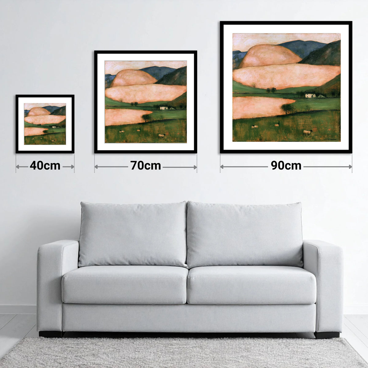 Peach Fells And Valley Farm - size guide showing 40cm, 70cm and 90cm art prints