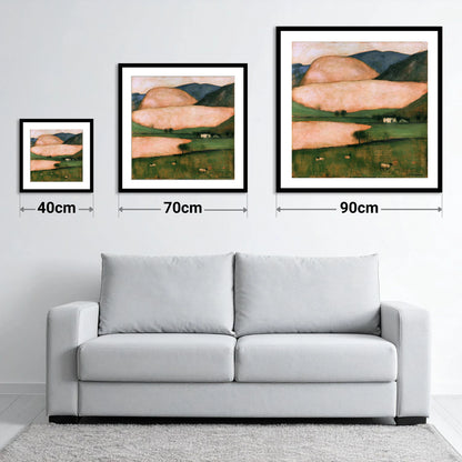 Peach Fells And Valley Farm - size guide showing 40cm, 70cm and 90cm art prints