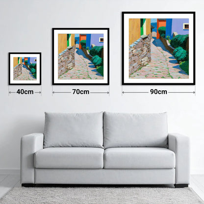 Colourful Cobbled Village Street - size guide showing 40cm, 70cm and 90cm art prints