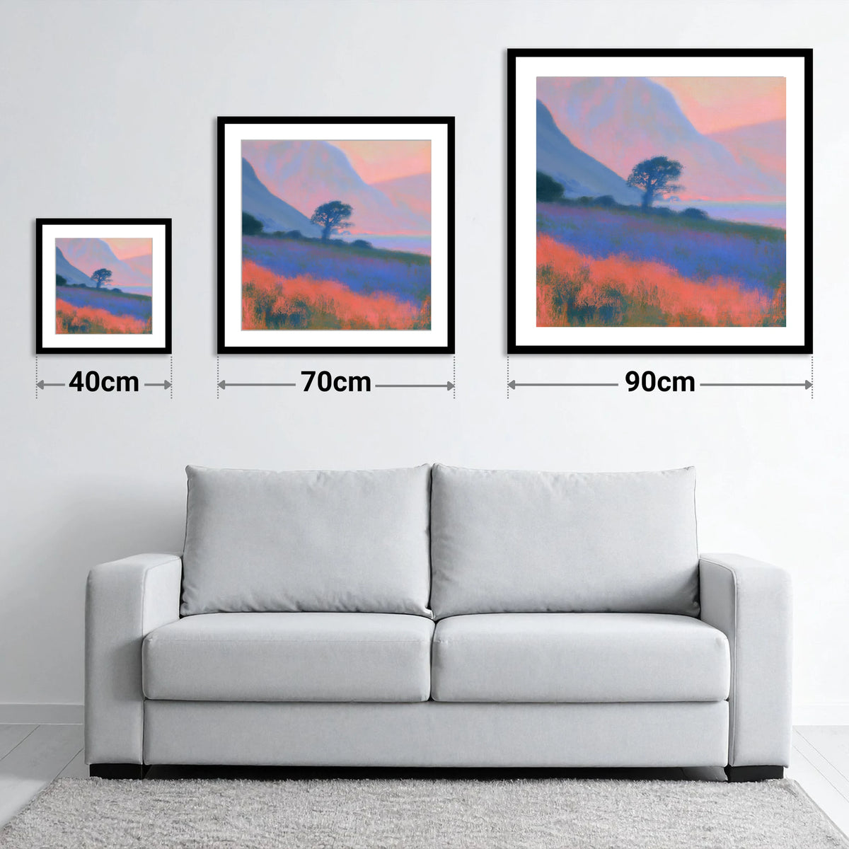 Pastel Dusk on the Fells - size guide showing 40cm, 70cm and 90cm art prints