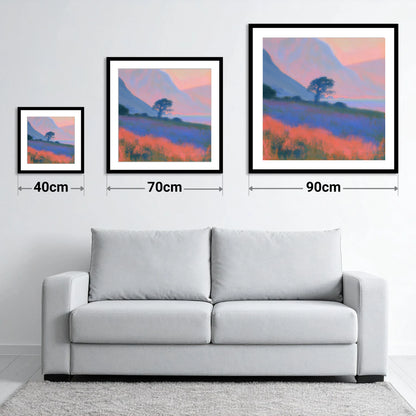 Pastel Dusk on the Fells - size guide showing 40cm, 70cm and 90cm art prints