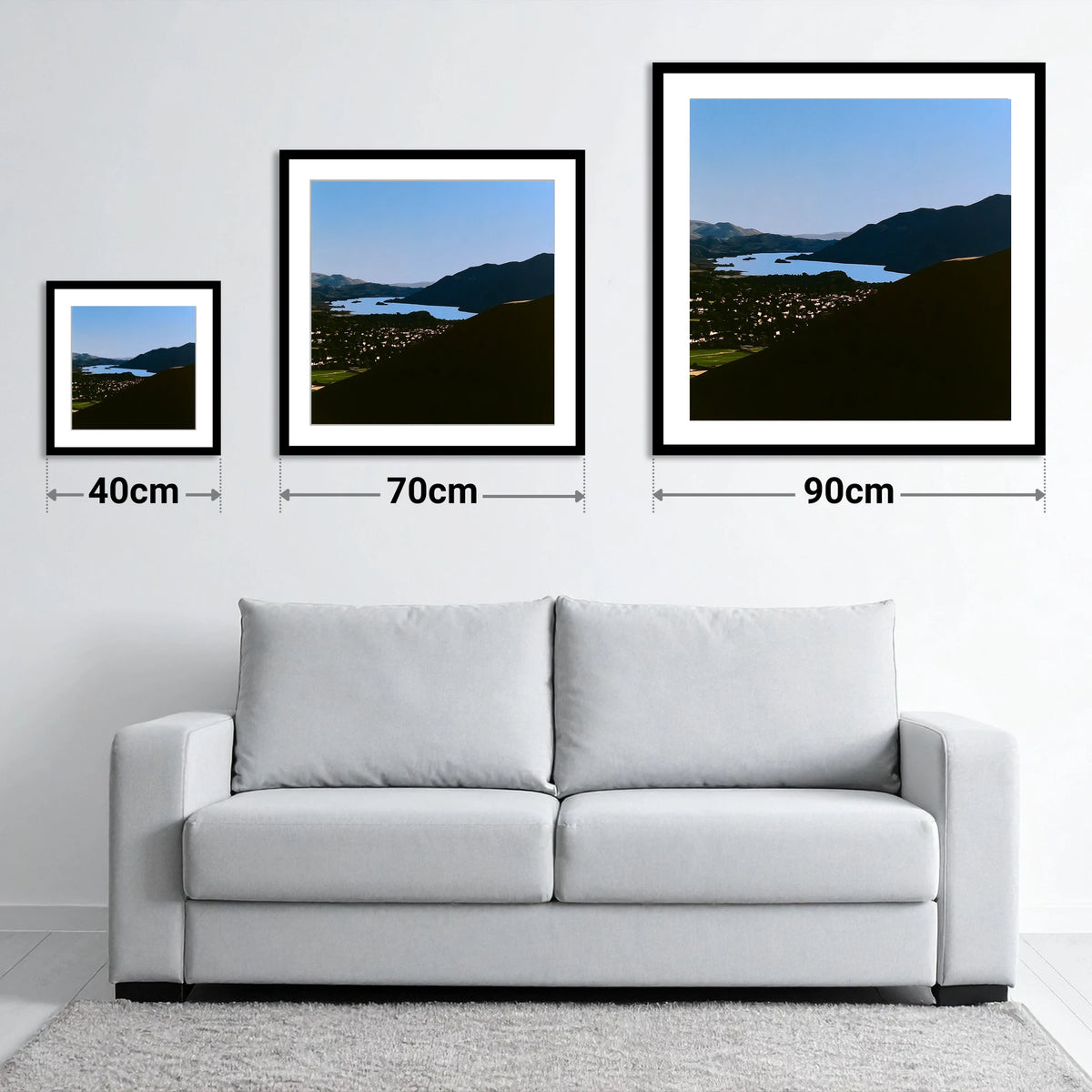 Keswick and Derwentwater in Silhouette - size guide showing 40cm, 70cm and 90cm art prints