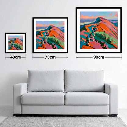 Vibrant Dog on Helvellyn Summit - size guide showing 40cm, 70cm and 90cm art prints