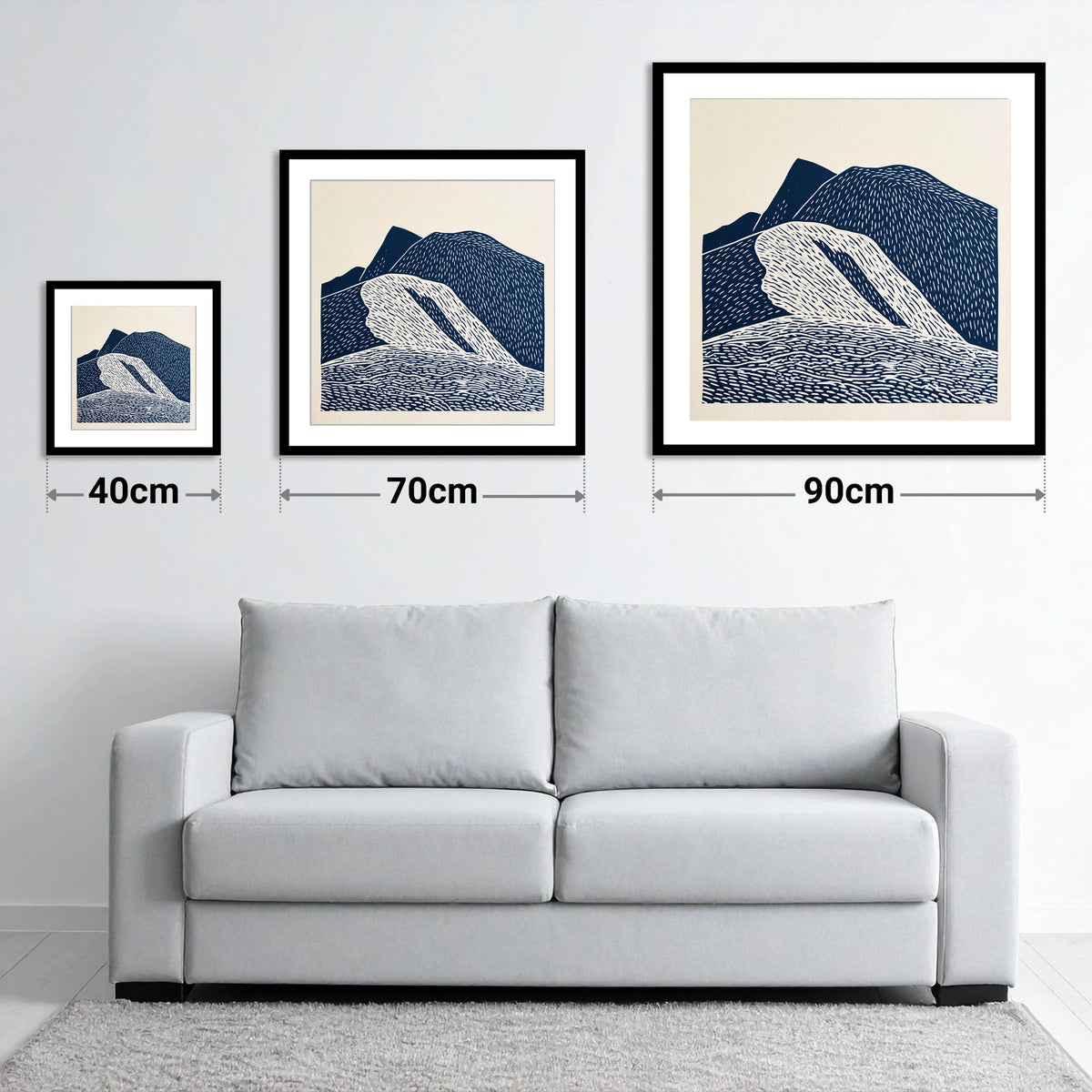 Helvellyn Ridge in Navy Blue - size guide showing 40cm, 70cm and 90cm art prints
