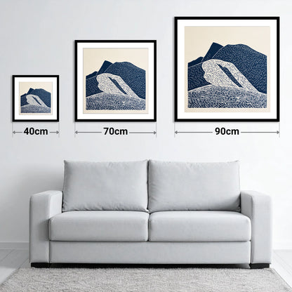 Helvellyn Ridge in Navy Blue - size guide showing 40cm, 70cm and 90cm art prints