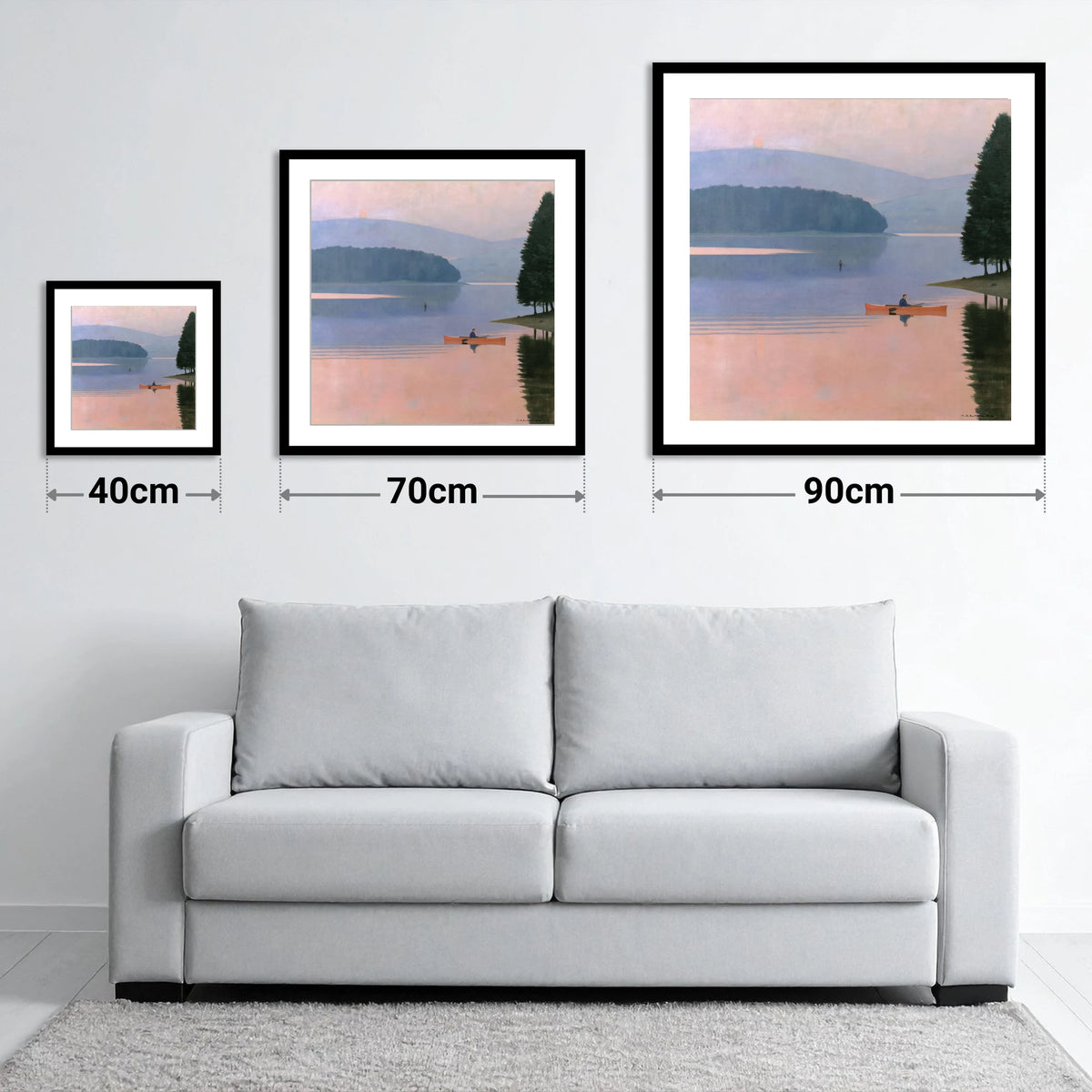 Sunrise Kayak on Pastel Waters - size guide showing 40cm, 70cm and 90cm art prints
