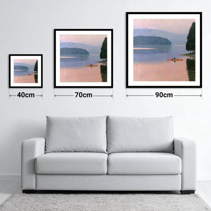 Sunrise Kayak on Pastel Waters - size guide showing 40cm, 70cm and 90cm art prints