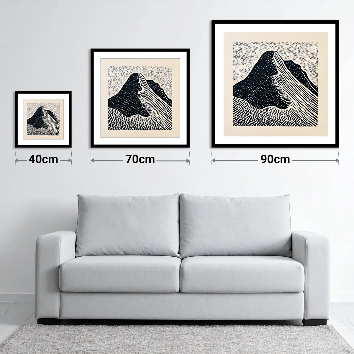 Great Gable Graphic Contours - size guide showing 40cm, 70cm and 90cm art prints