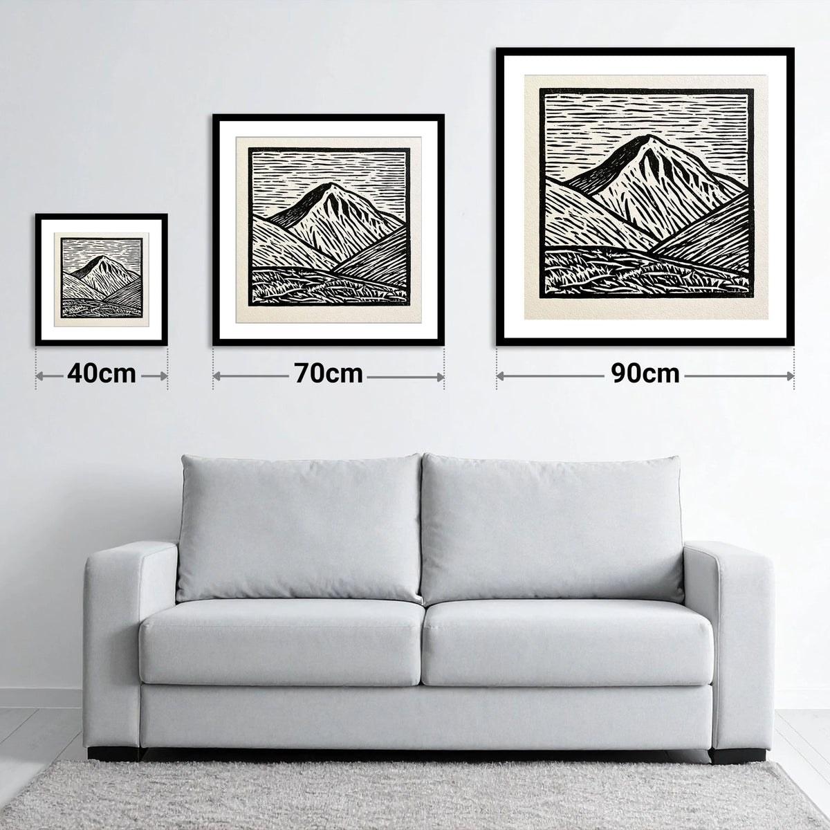 Monochrome Great Gable Peak - size guide showing 40cm, 70cm and 90cm art prints