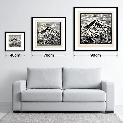 Monochrome Great Gable Peak - size guide showing 40cm, 70cm and 90cm art prints
