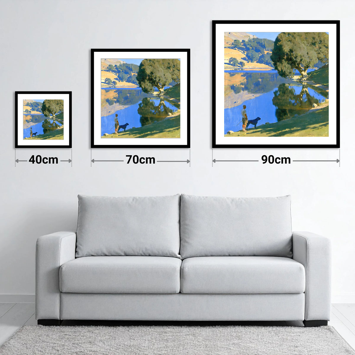Sunlit Rydal Water Dog Walk - size guide showing 40cm, 70cm and 90cm art prints