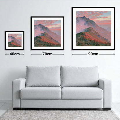 Mountain Ridge in Coral Mist - size guide showing 40cm, 70cm and 90cm art prints