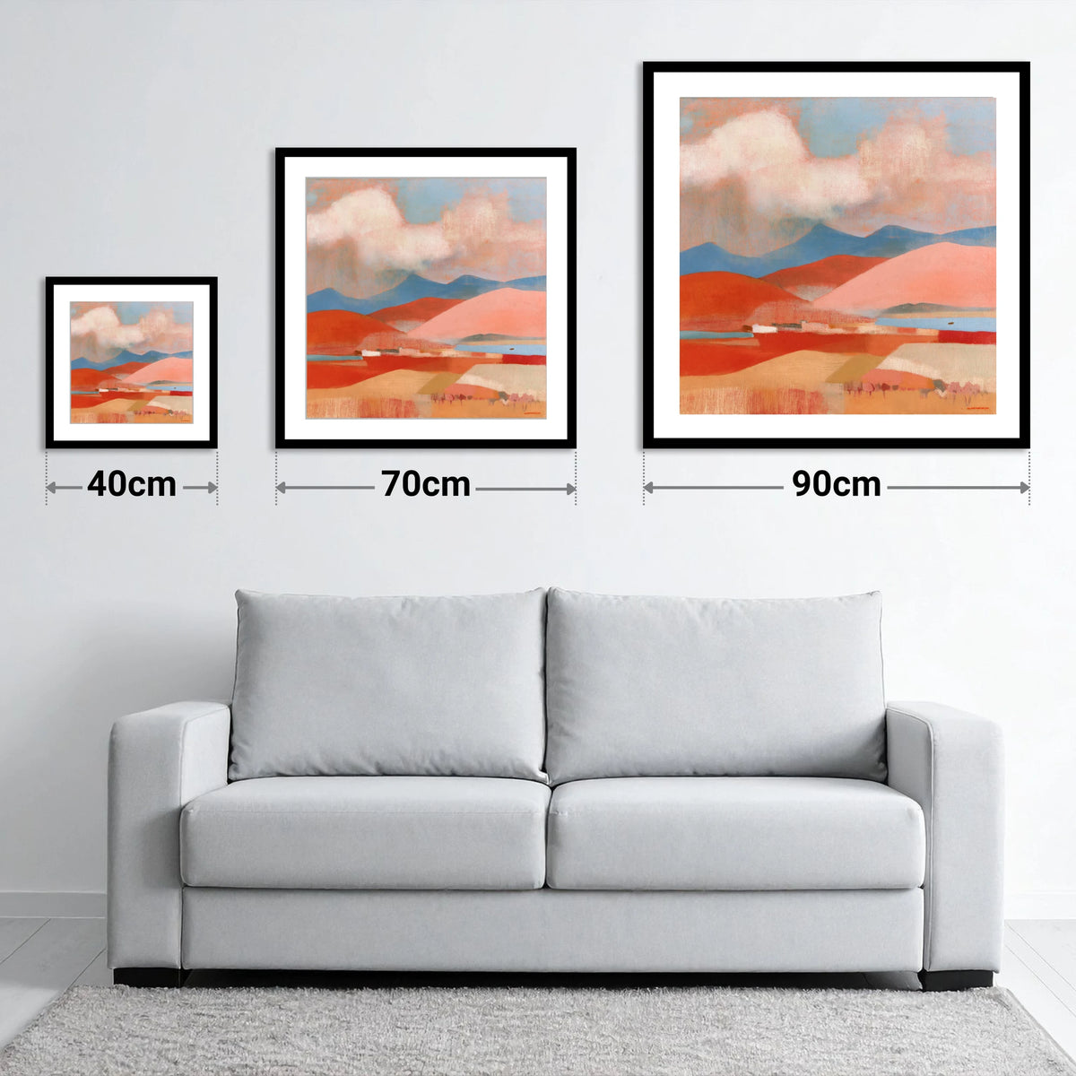 Storm Clouds Over Terracotta Fells - size guide showing 40cm, 70cm and 90cm art prints
