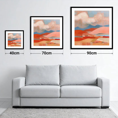 Storm Clouds Over Terracotta Fells - size guide showing 40cm, 70cm and 90cm art prints