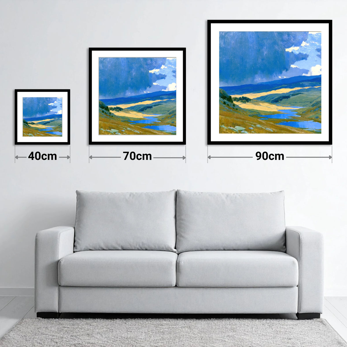 Storm Clouds Over Sunlit Fells - size guide showing 40cm, 70cm and 90cm art prints