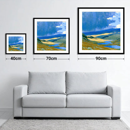 Storm Clouds Over Sunlit Fells - size guide showing 40cm, 70cm and 90cm art prints