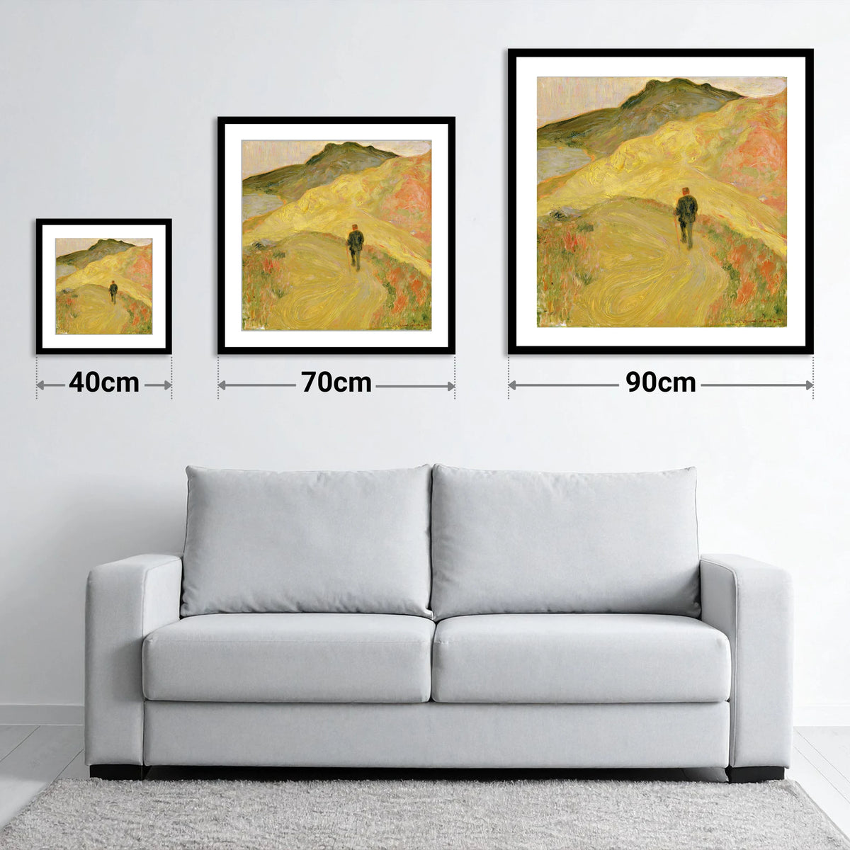 Lone Hiker on Golden Fells - size guide showing 40cm, 70cm and 90cm art prints