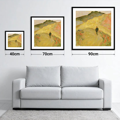 Lone Hiker on Golden Fells - size guide showing 40cm, 70cm and 90cm art prints