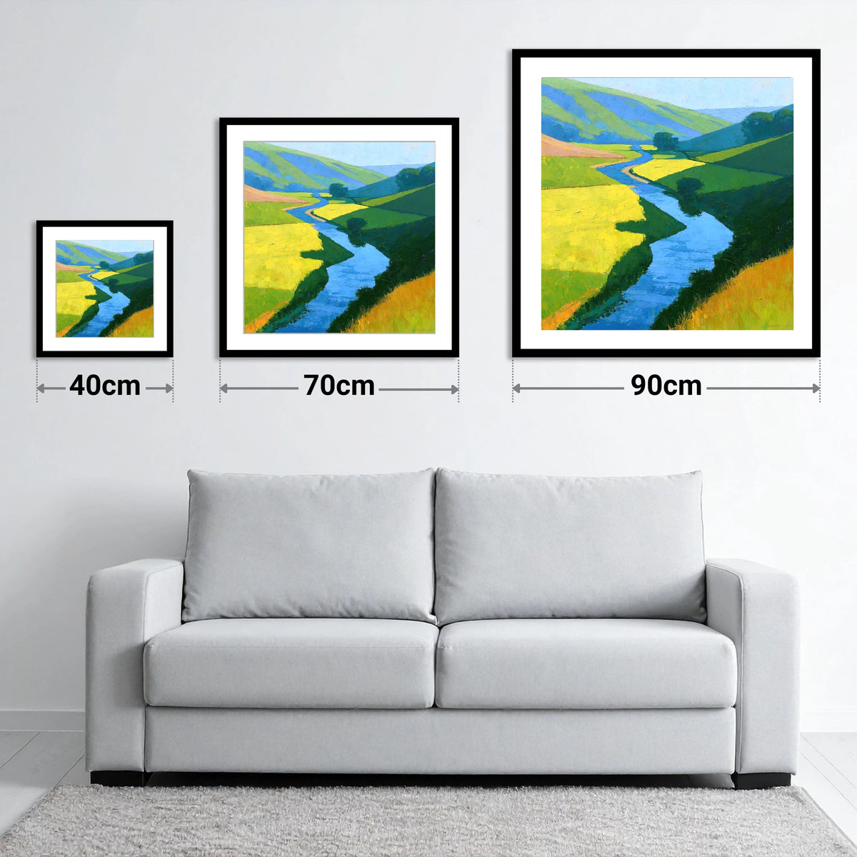 Winding Blue Beck through Vibrant Valley Meadows - size guide showing 40cm, 70cm and 90cm art prints