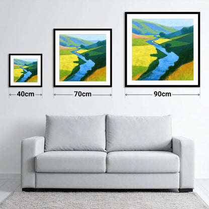 Winding Blue Beck through Vibrant Valley Meadows - size guide showing 40cm, 70cm and 90cm art prints