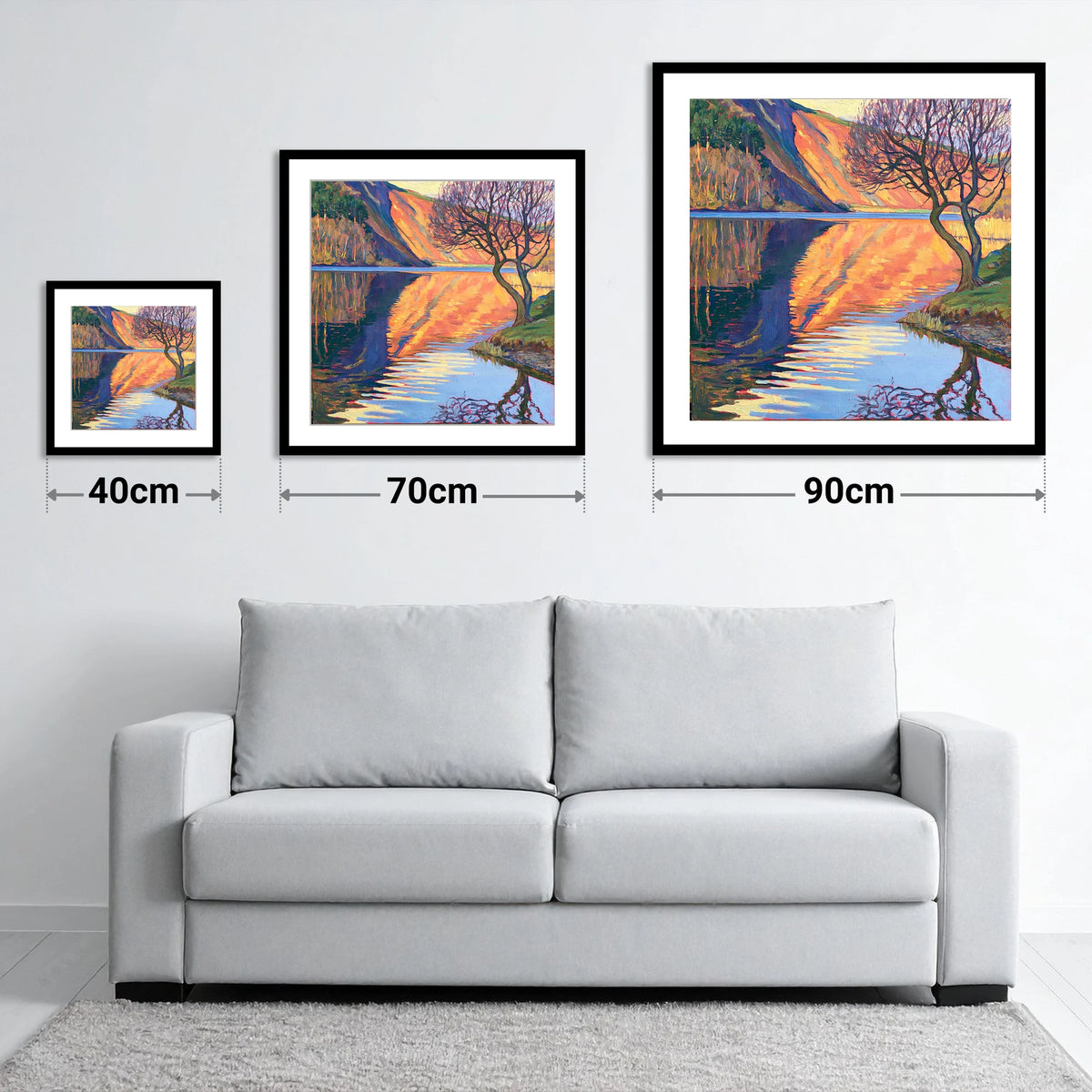 Vibrant Bassenthwaite Lake Reflections - size guide showing 40cm, 70cm and 90cm art prints