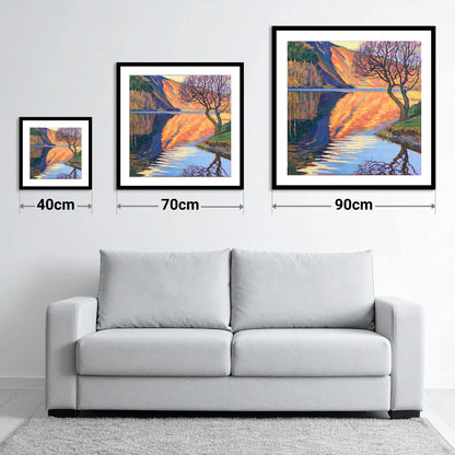 Vibrant Bassenthwaite Lake Reflections - size guide showing 40cm, 70cm and 90cm art prints