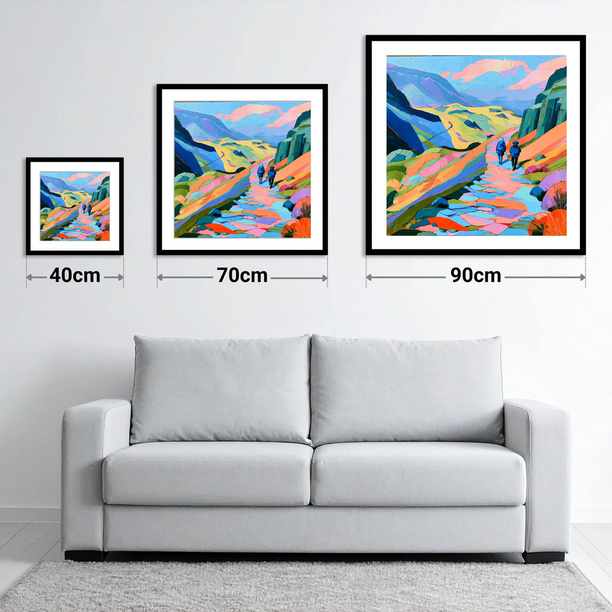 Walkers on a Vibrant Fell Path - size guide showing 40cm, 70cm and 90cm art prints