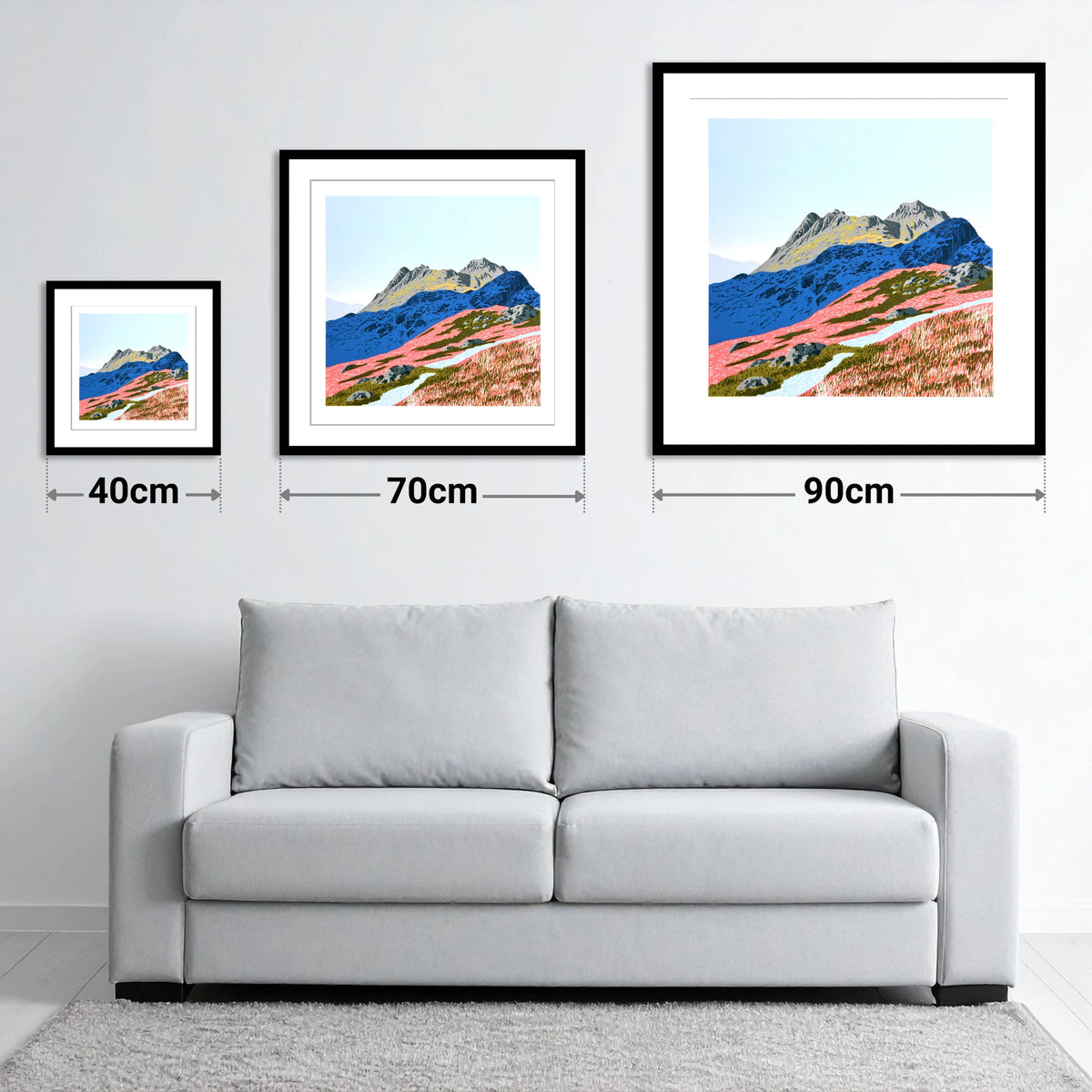 Langdale Pikes in Vivid Coral - size guide showing 40cm, 70cm and 90cm art prints