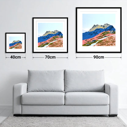 Langdale Pikes in Vivid Coral - size guide showing 40cm, 70cm and 90cm art prints