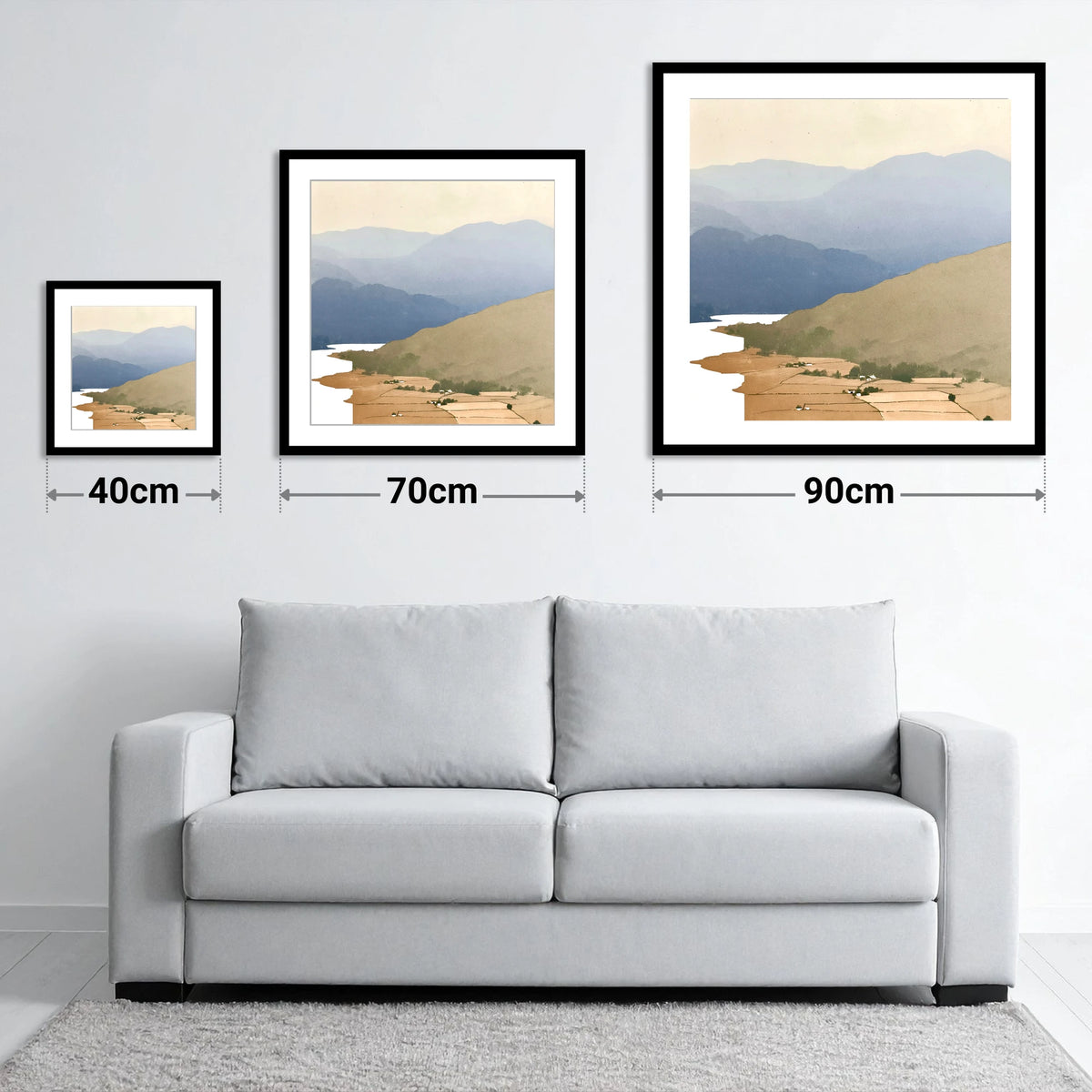 Blue Fells Above Patterdale Valley - size guide showing 40cm, 70cm and 90cm art prints