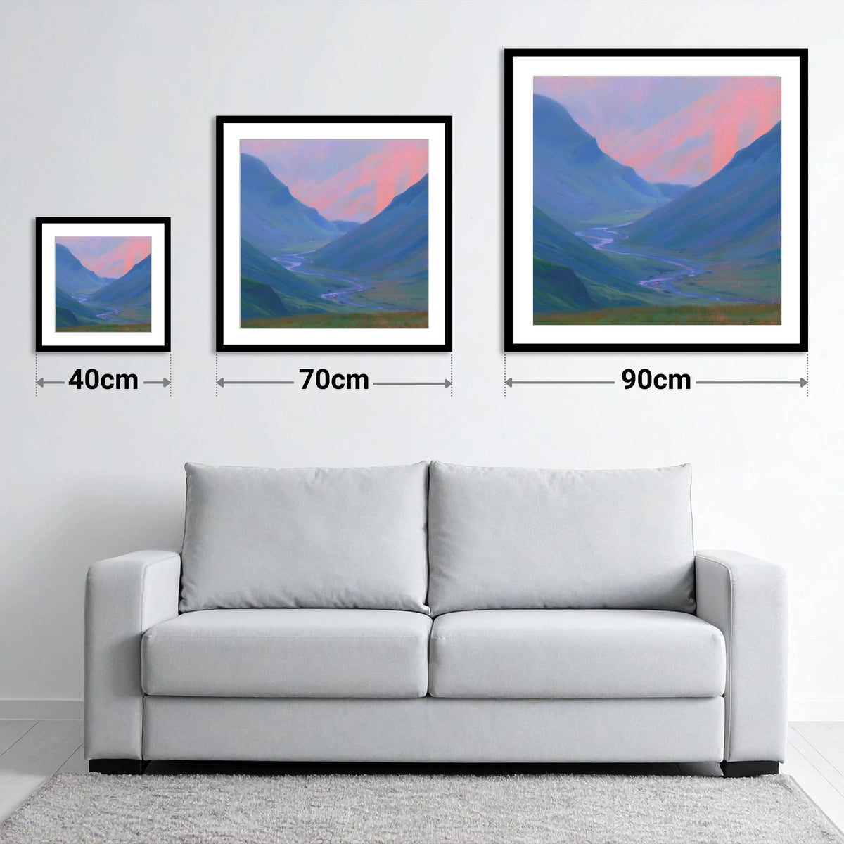 River Valley in Pink Twilight - size guide showing 40cm, 70cm and 90cm art prints