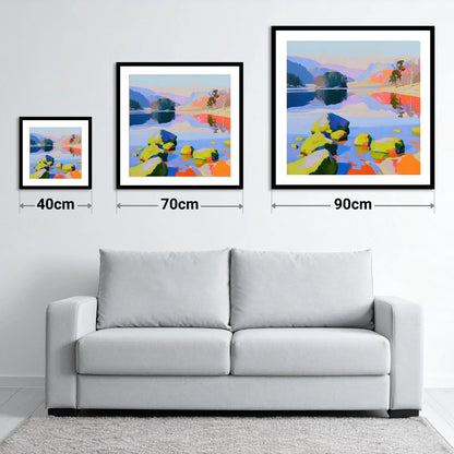 Colourful Rydal Water Boulders - size guide showing 40cm, 70cm and 90cm art prints