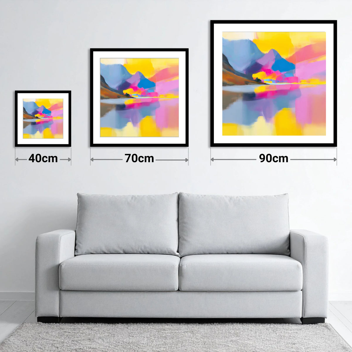 Vibrant Loweswater Lake Reflections - size guide showing 40cm, 70cm and 90cm art prints