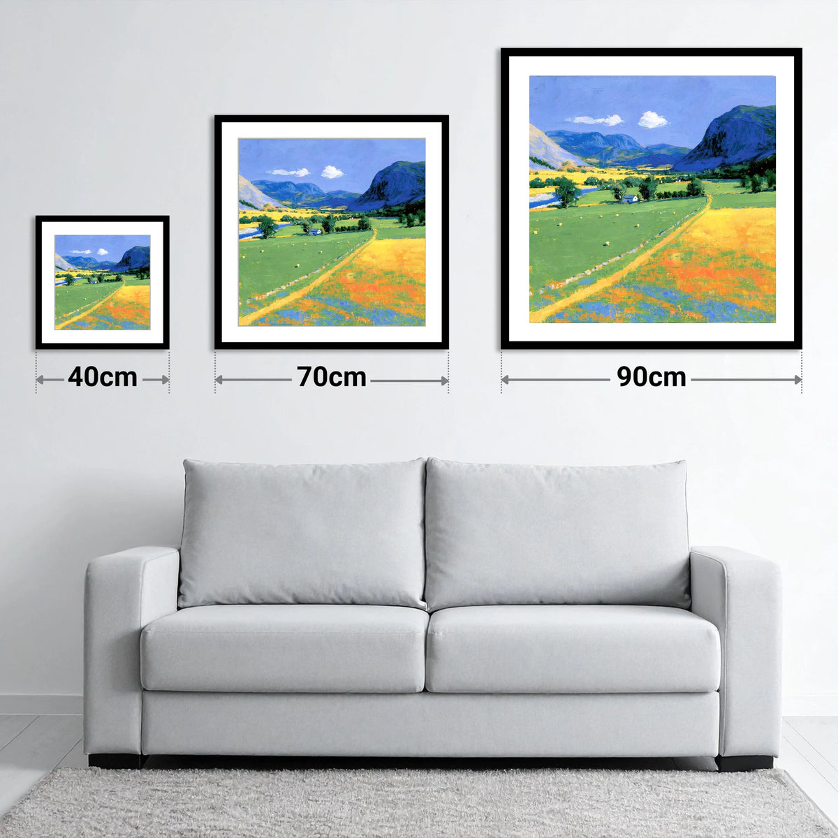 Vibrant Valley beneath Blue Fells - size guide showing 40cm, 70cm and 90cm art prints