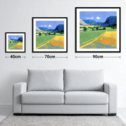 Vibrant Valley beneath Blue Fells - size guide showing 40cm, 70cm and 90cm art prints