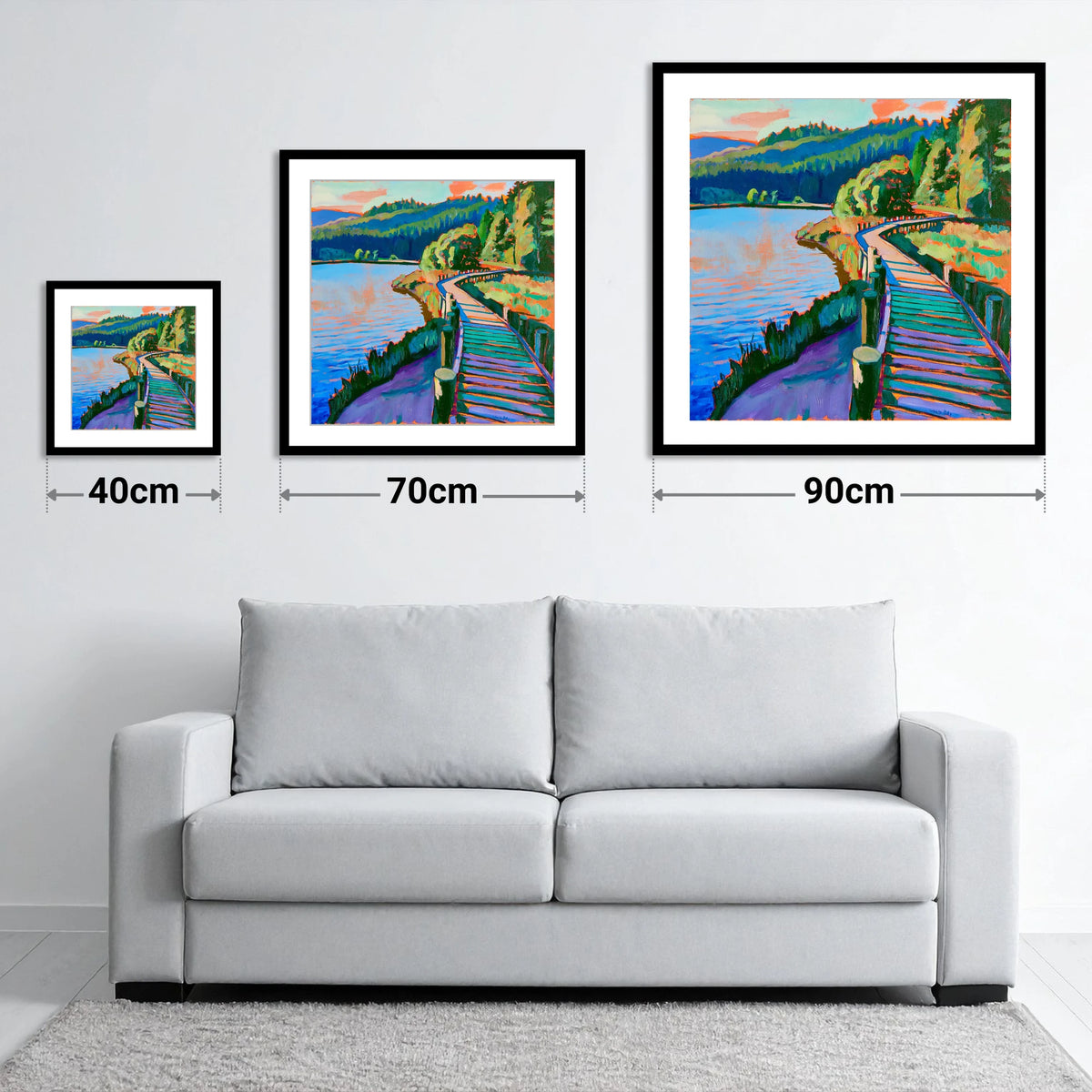 Vibrant Boardwalk at Tarn Hows - size guide showing 40cm, 70cm and 90cm art prints