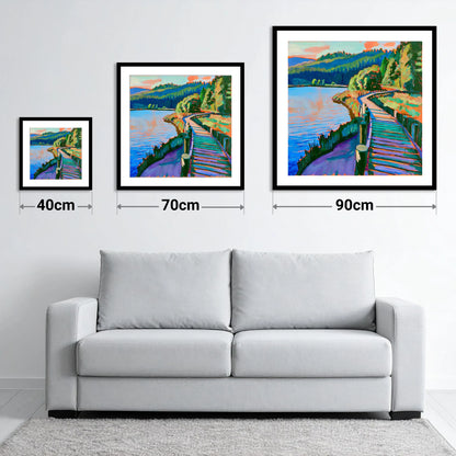 Vibrant Boardwalk at Tarn Hows - size guide showing 40cm, 70cm and 90cm art prints