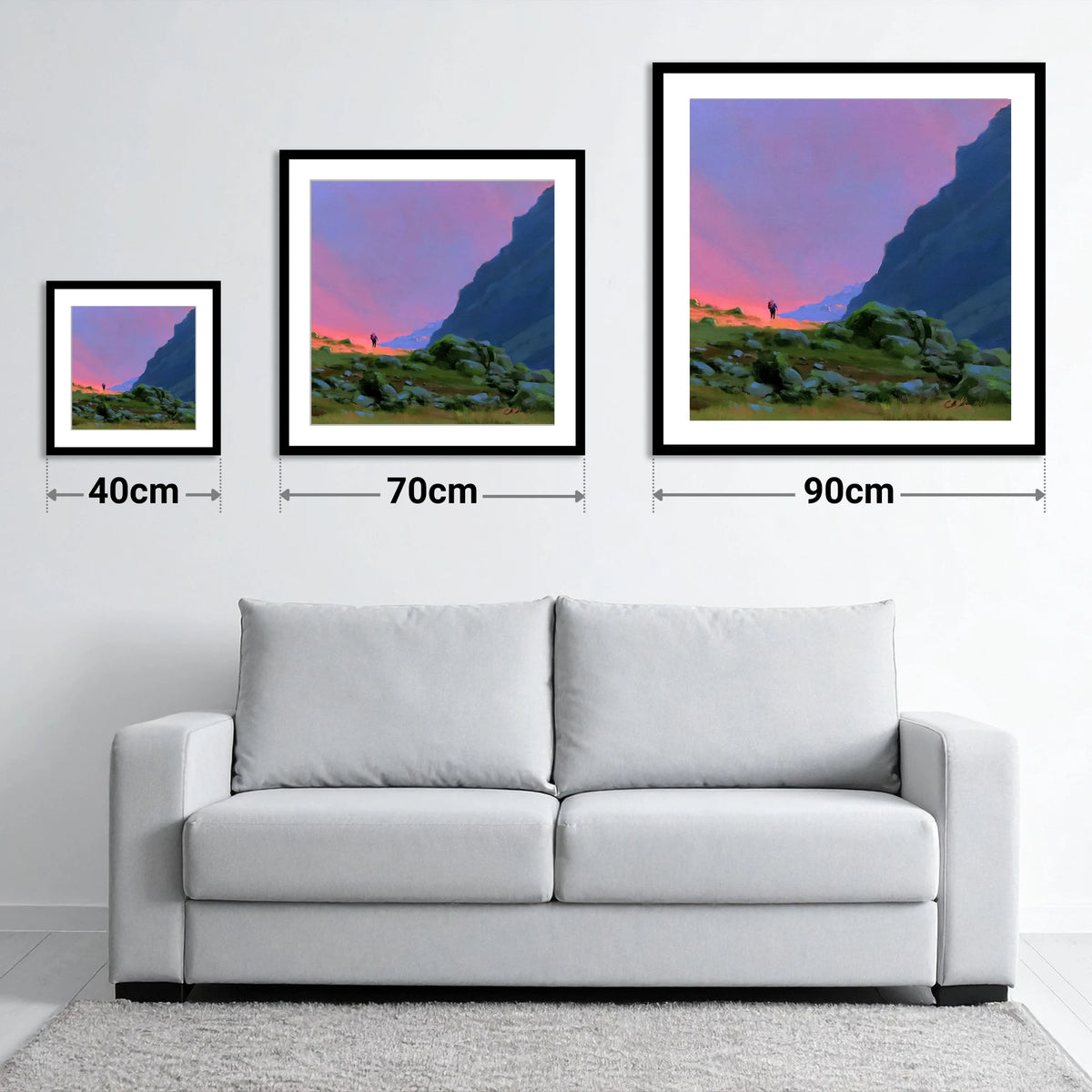 Fell Walker Beneath Vivid Skies - size guide showing 40cm, 70cm and 90cm art prints