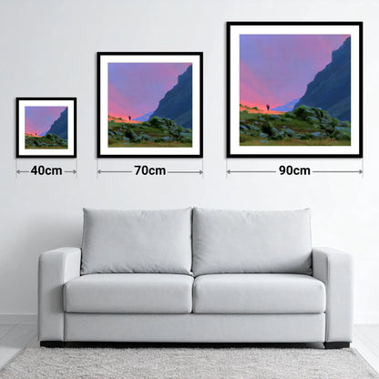 Fell Walker Beneath Vivid Skies - size guide showing 40cm, 70cm and 90cm art prints