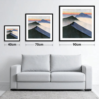 Mountain Ridge Under Terracotta Sky - size guide showing 40cm, 70cm and 90cm art prints