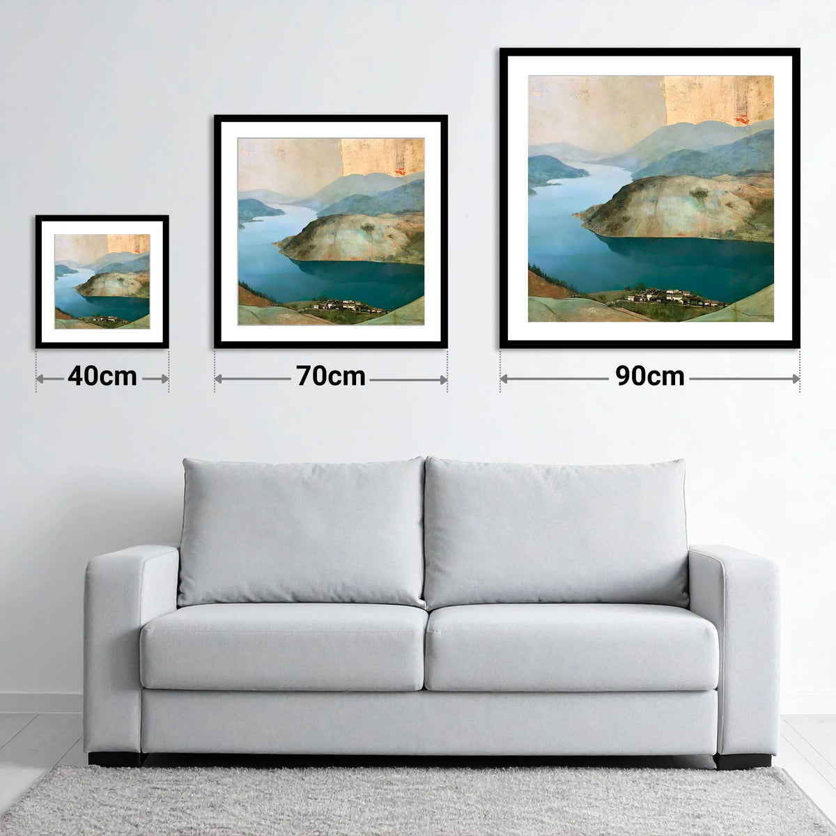Glenridding Under A Golden Sky - size guide showing 40cm, 70cm and 90cm art prints