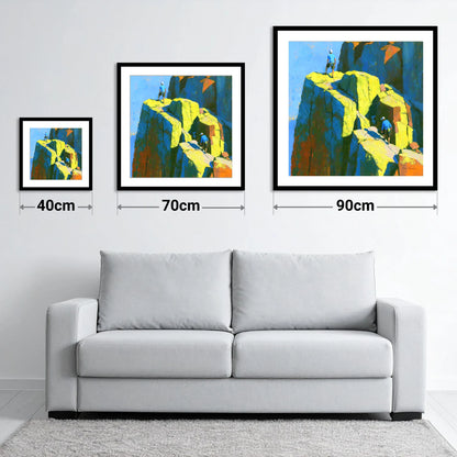 Mountaineers on a Sunlit Crag Pinnacle - size guide showing 40cm, 70cm and 90cm art prints
