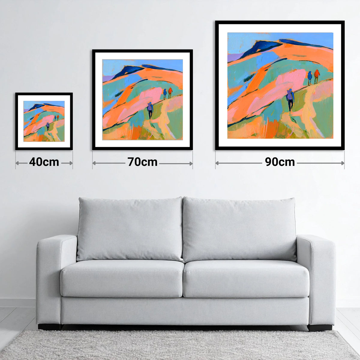 Orange and Blue Fell Hikers - size guide showing 40cm, 70cm and 90cm art prints