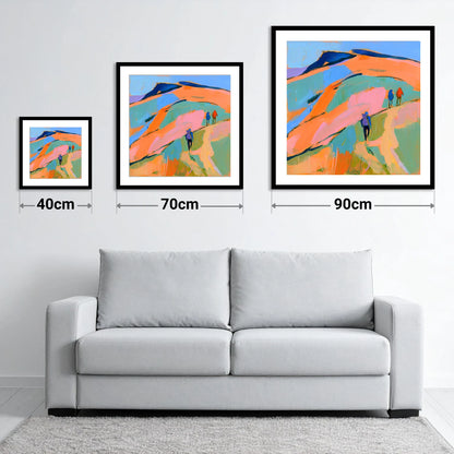 Orange and Blue Fell Hikers - size guide showing 40cm, 70cm and 90cm art prints
